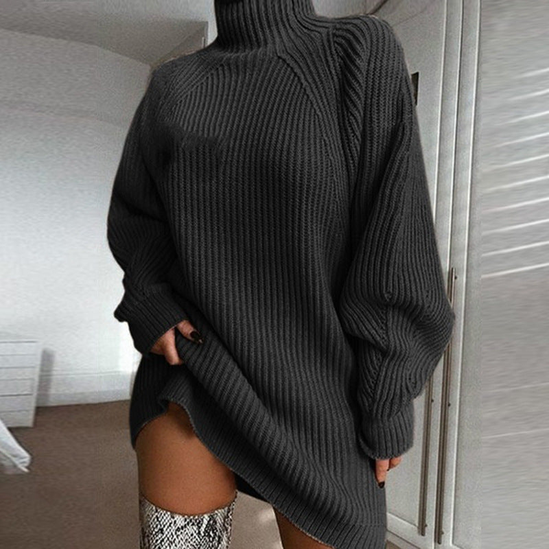 Charcoal grey turtleneck sweater dress in a ribbed knit fabric with a relaxed fit for cozy autumn layering.