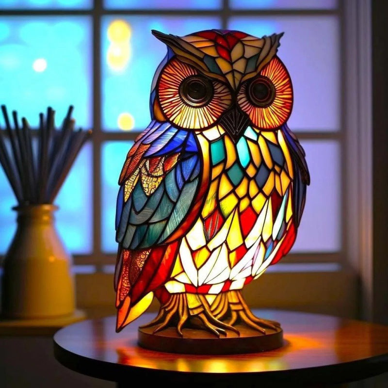 Home decor animal sculpture lamp ambient night light shaped like a stained glass owl