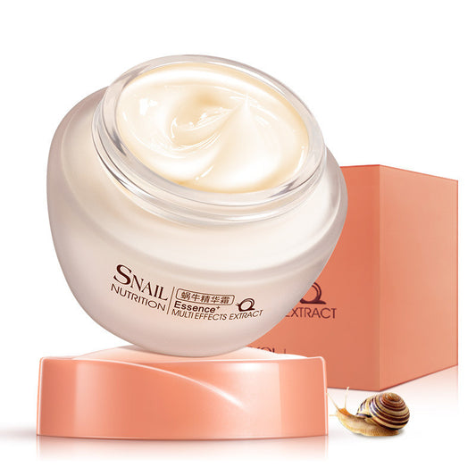 Snail mucin hydrating face cream in jar with open lid and packaging box