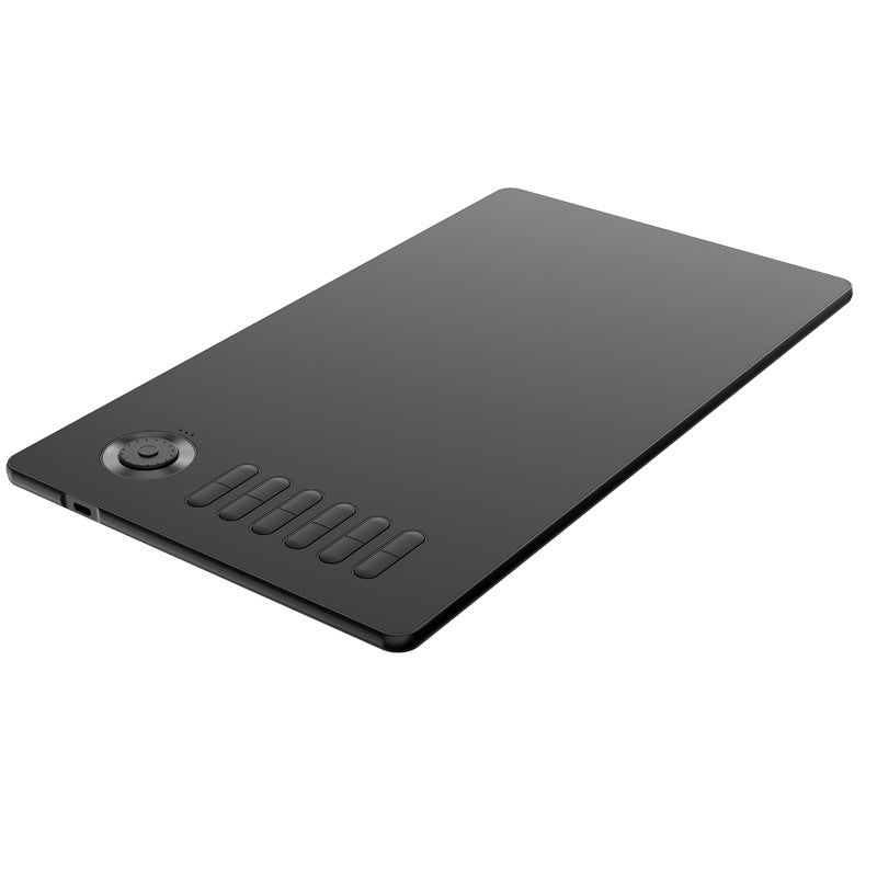 Black graphics drawing tablet with a dial and six shortcut keys on the side.