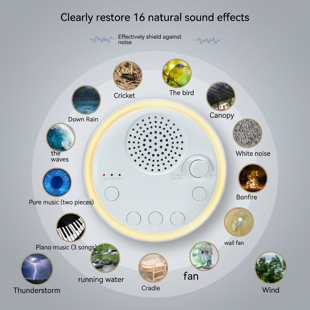 White noise machine surrounded by circular icons showing 16 sound effects