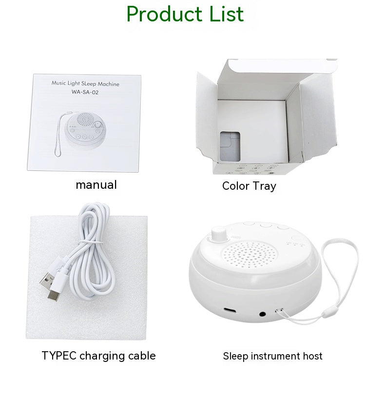 Product list showing white noise machine, manual, box, and USB cable.