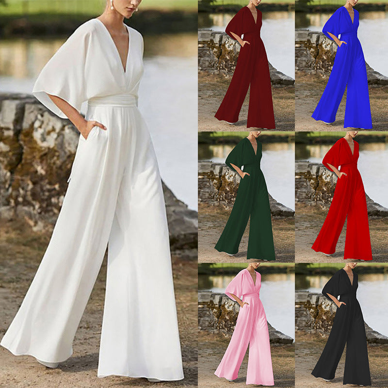 Wireless Jumpsuit with Deep V-Neck and High Waist for Women