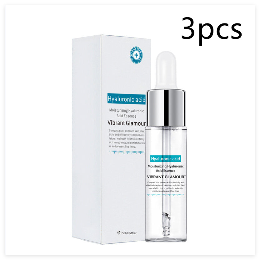 Hyaluronic acid facial serum bottle and matching white box with 3pcs text overlay.