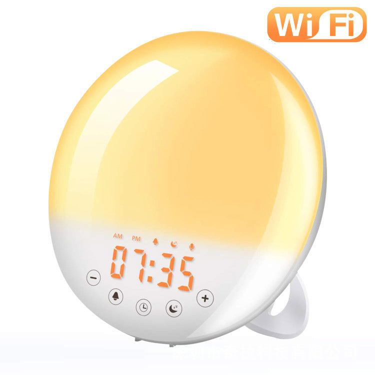 Round sunrise alarm clock with glowing yellow light, digital orange time display, and touch buttons on white base.
