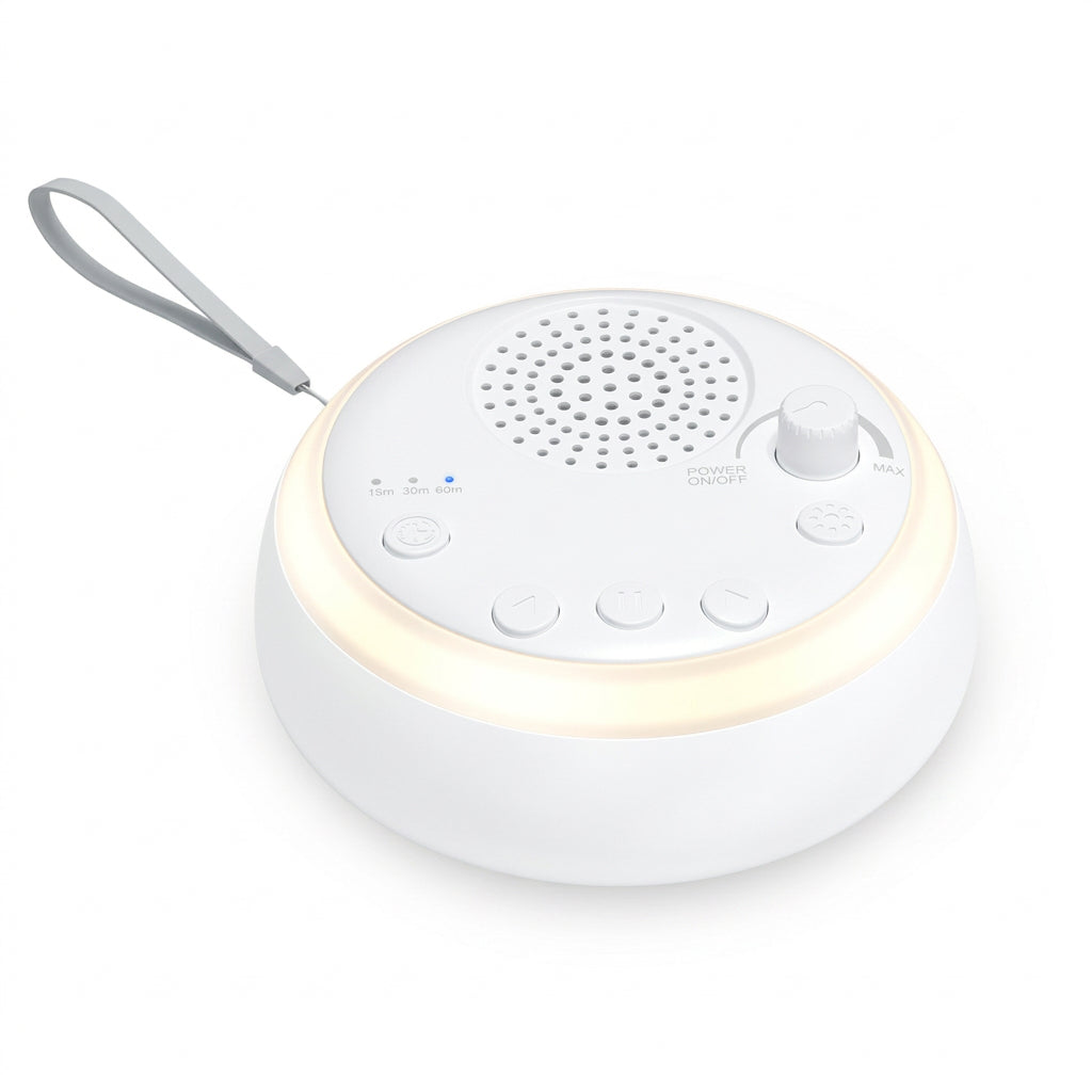 White noise sound machine with speaker grille, control buttons, volume knob, and a grey carrying strap.