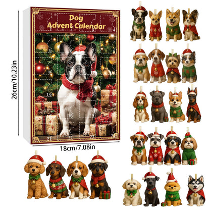 Dog advent calendar box with dimensions and 24 assorted breed Christmas ornaments.