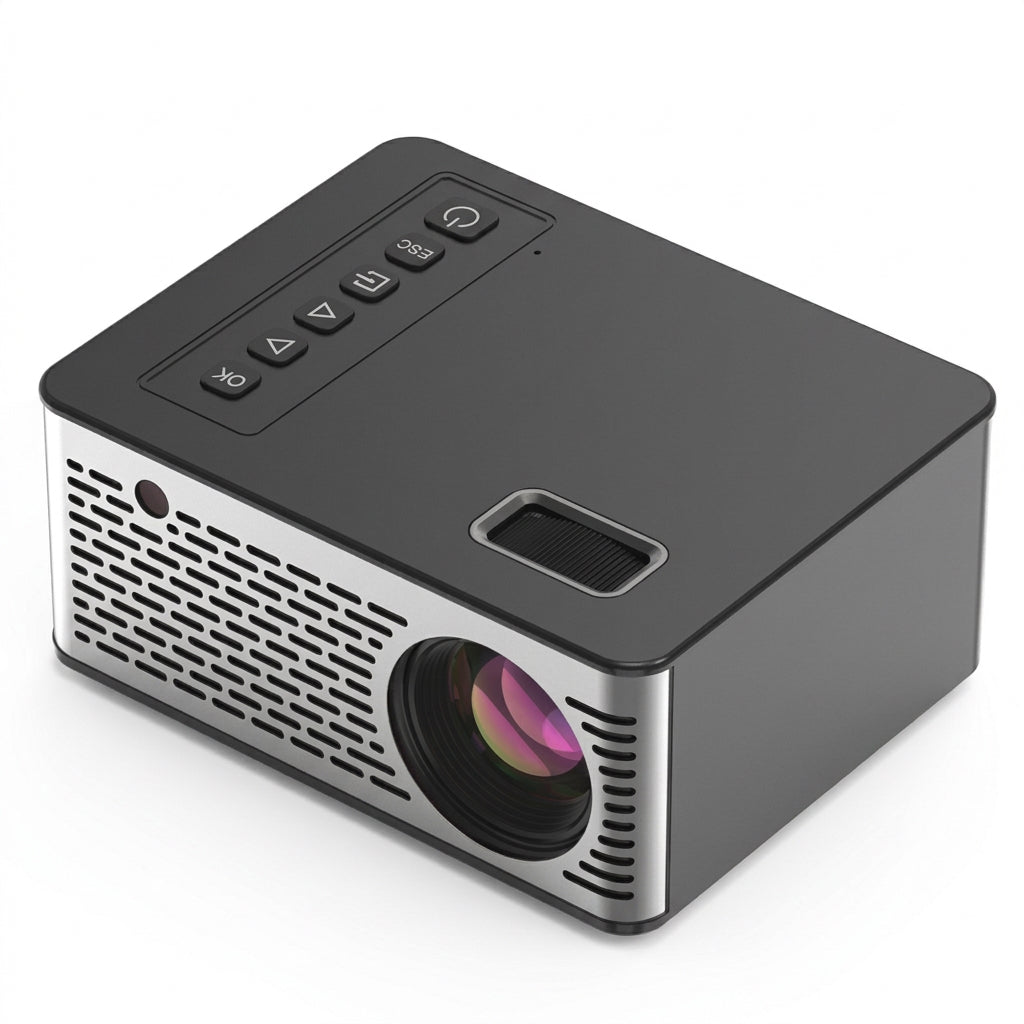 Mini Digital Home Theater Projector, black compact unit with top control buttons and front lens