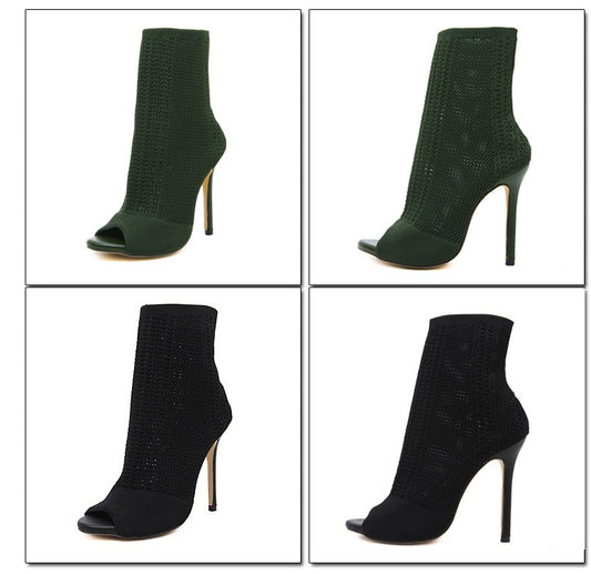 Black open-toe knit stiletto ankle boot on white background