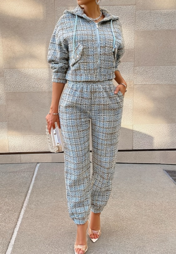 Plaid Cozy Hooded Zip Up Sweatshirt and Jogger Set with Tweed Texture