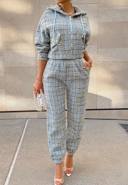 Plaid Cozy Hooded Zip Up Sweatshirt and Jogger Set with Tweed Texture