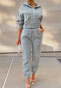 Plaid Cozy Hooded Zip Up Sweatshirt and Jogger Set with Tweed Texture