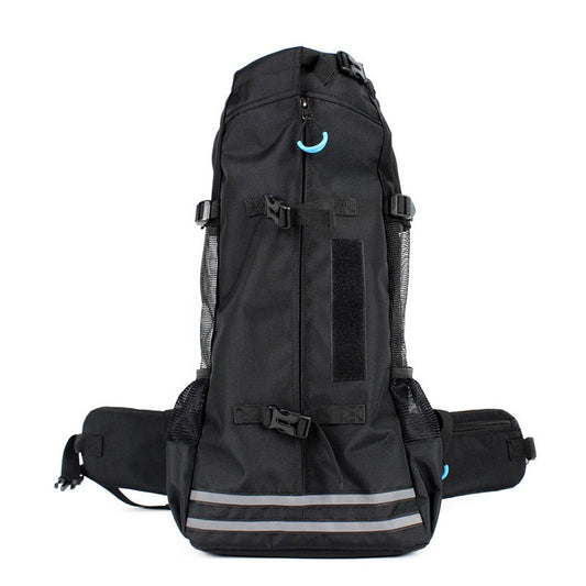 Pet backpack carrier with breathable mesh panels and adjustable buckle straps for hiking