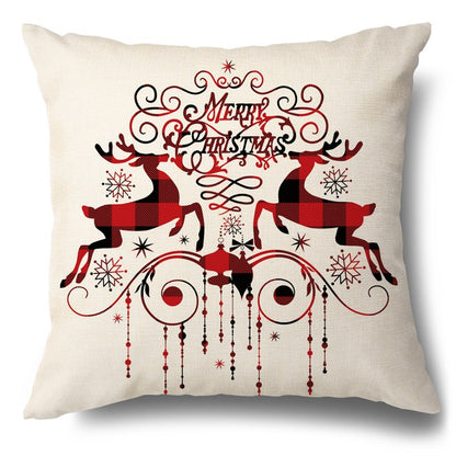 Beige pillow cover featuring red and black buffalo plaid reindeer and Merry Christmas text with ornaments.