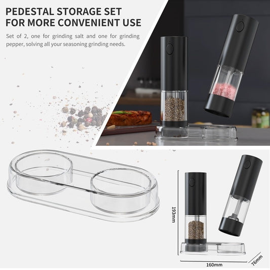 Electric salt and pepper grinder set with storage base and dimensions diagram