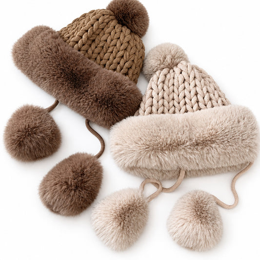 Two chunky knit beanies with faux fur trim, one brown and one beige, each featuring a top pom-pom and braided side ties.