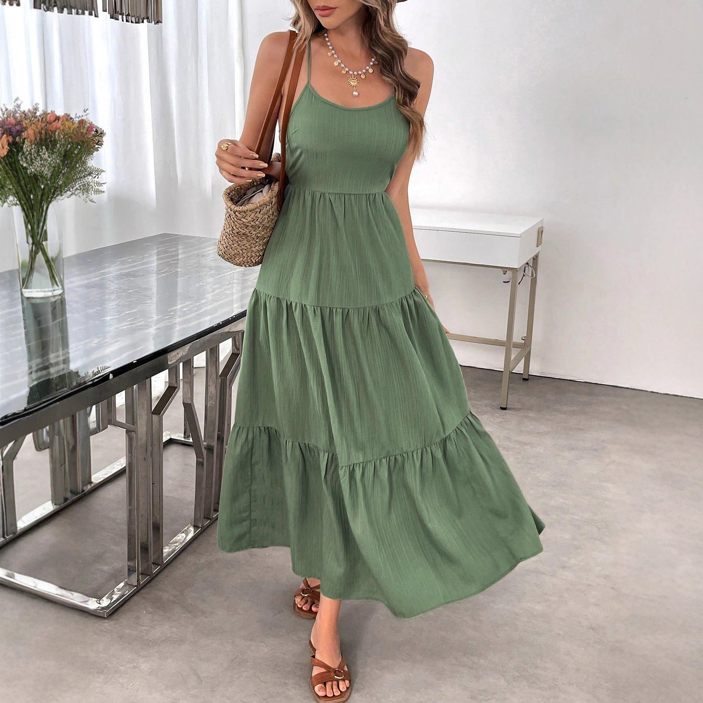 Flowy Dress With Silk Spaghetti Straps And Tiered Bow Waist For Women Ideal Beach Party Outfit