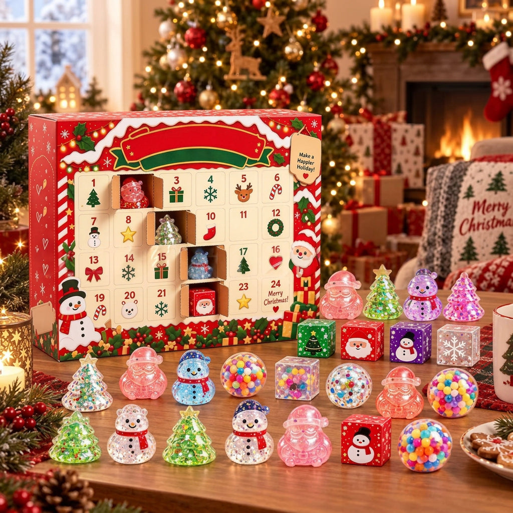 Christmas advent calendar with glitter squeeze toys arranged by a decorated tree