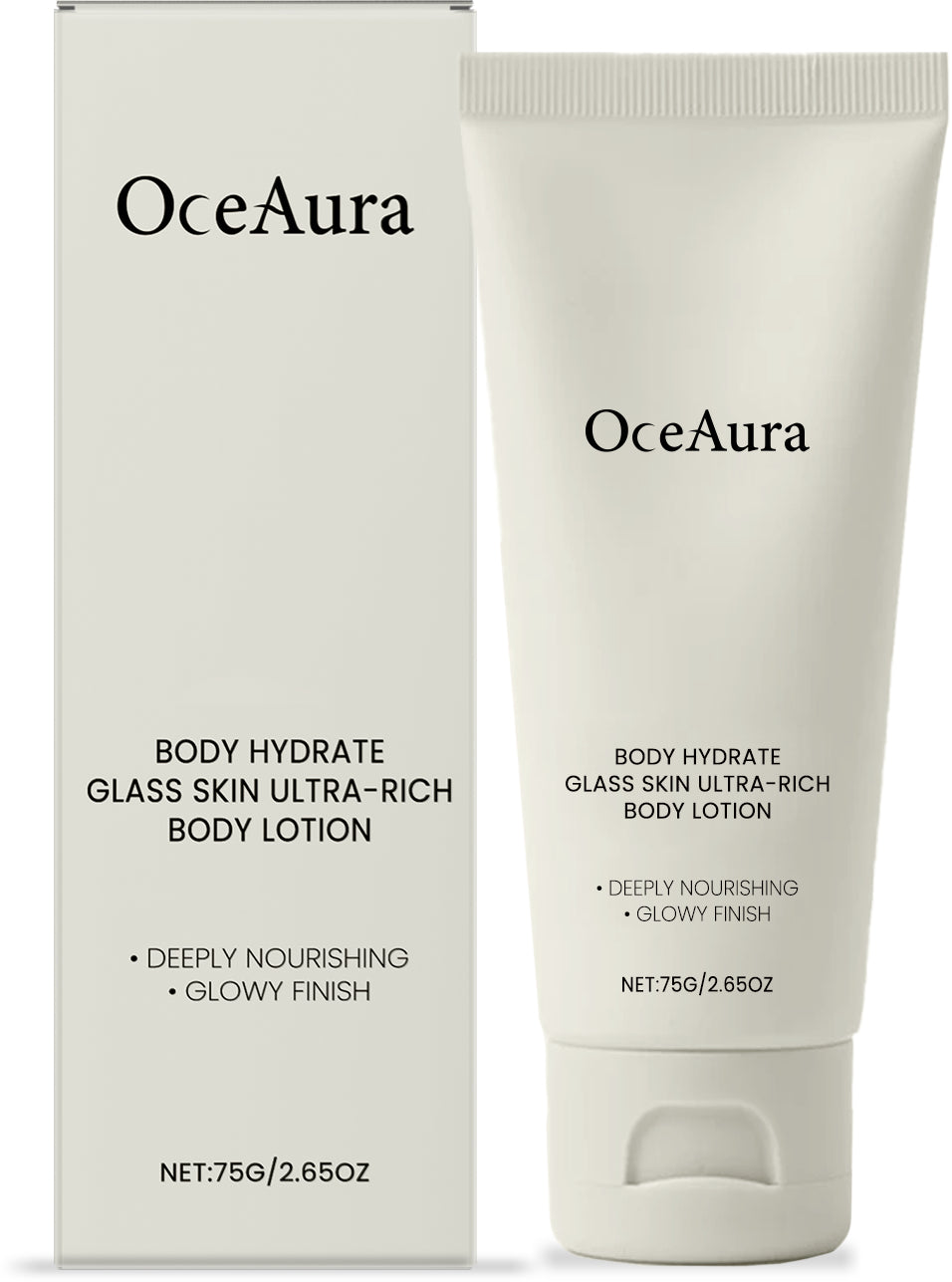 White body lotion tube and matching box with black text.