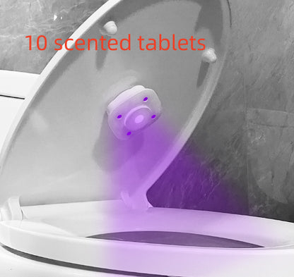 White plastic LED home decor device with purple UV light mounted on a toilet lid for bathroom sanitation.