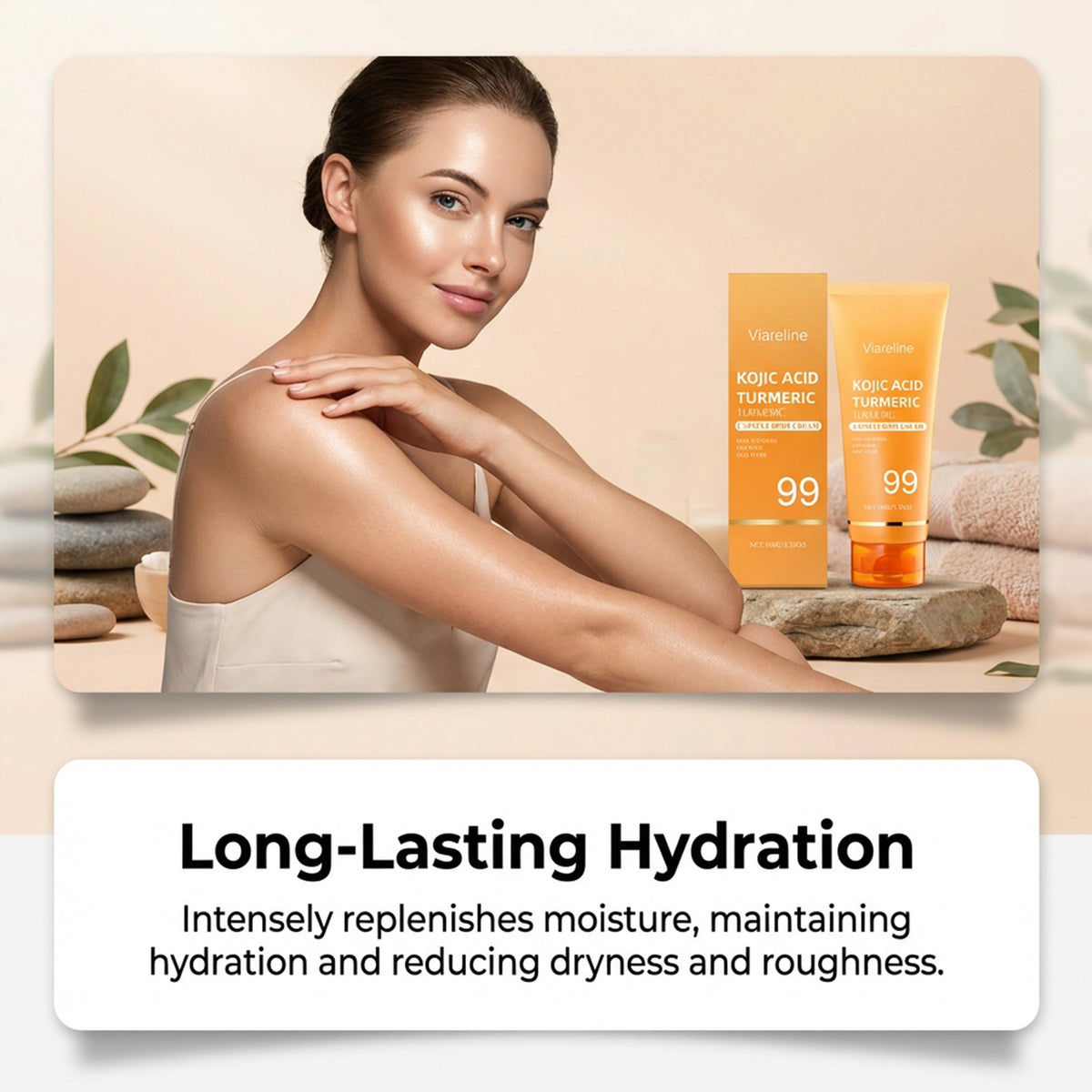 Woman smiling with glowing skin next to kojic acid turmeric body cream tube and box on stone against a neutral backdrop.