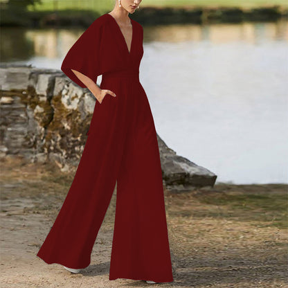 Wireless Jumpsuit with Deep V-Neck and High Waist for Women