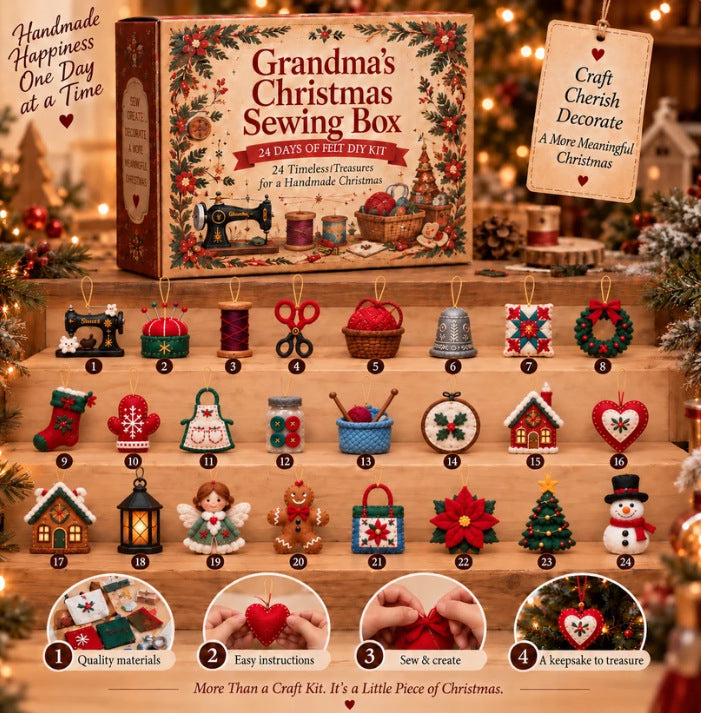 Advent calendar box displaying twenty-four numbered felt DIY craft ornaments arranged on wooden steps.