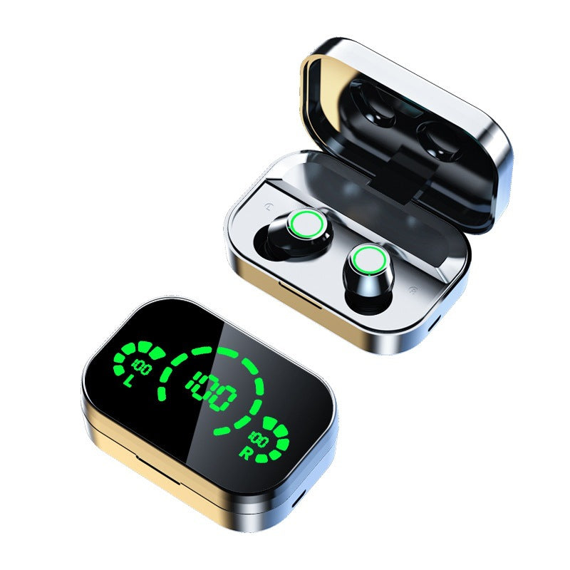 Wireless earbuds with glowing green LED digital battery display on a charging case.
