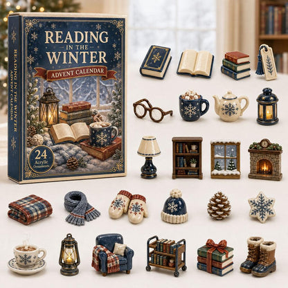 Reading in the Winter advent calendar box and 24 miniature acrylic ornaments including books, mugs, and fireplace.