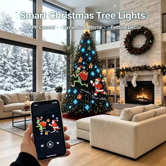 Smartphone displaying app controls for colorful LED string lights illuminating a decorated Christmas tree in a living room.