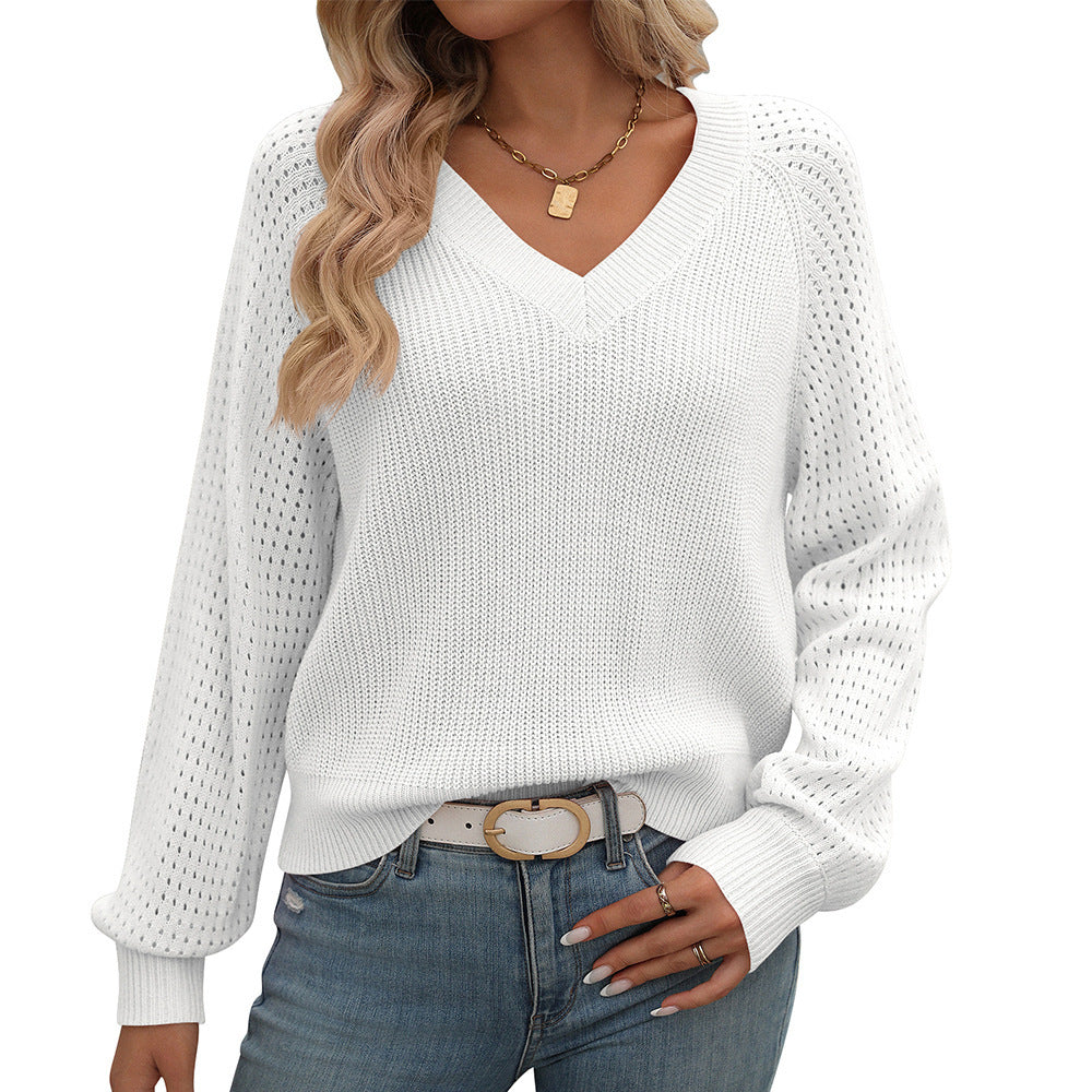 Hollow-Out Sweater with V-Neck and Wool Blend