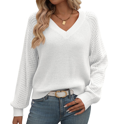 Hollow-Out Sweater with V-Neck and Wool Blend