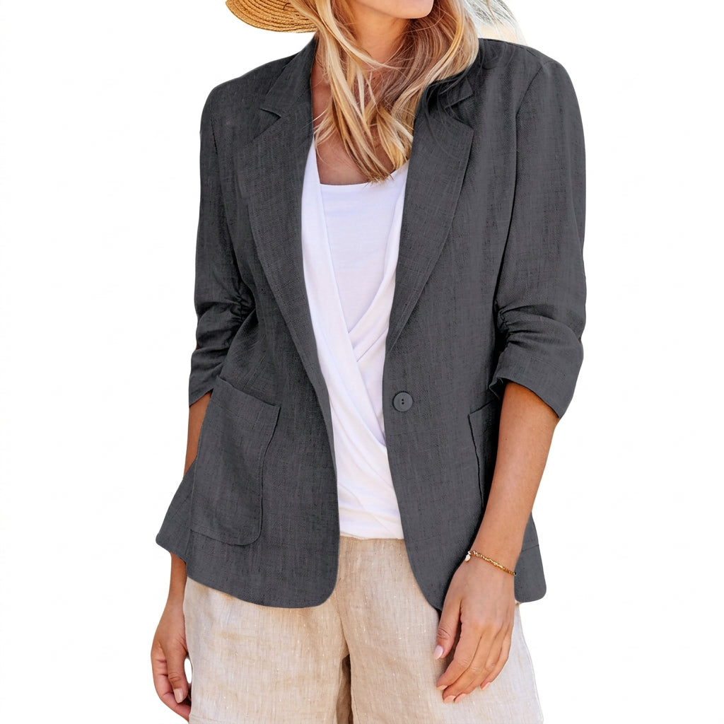 Dark grey open-front suit jacket with lapels, a single button, front pockets, and three-quarter sleeves over a white top.