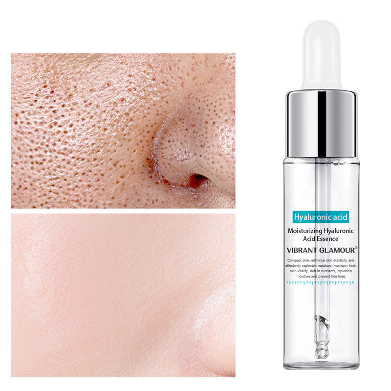 Dropper bottle beside close-up skin pores comparison before and after use