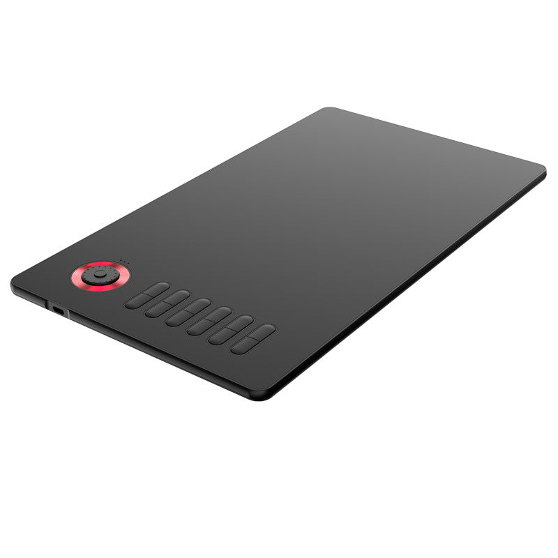 Black drawing tablet with a circular red dial and six express keys on the side