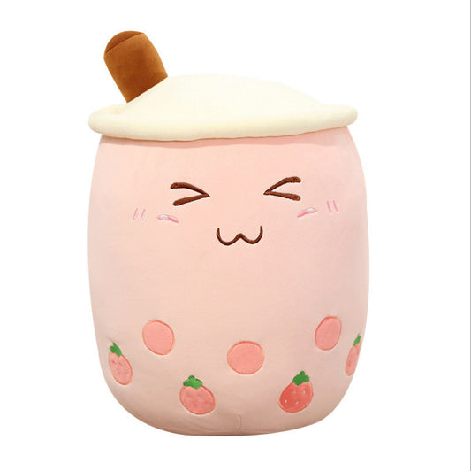 Boba tea plush pillow with soft 3d cotton filling and strawberry embroidery