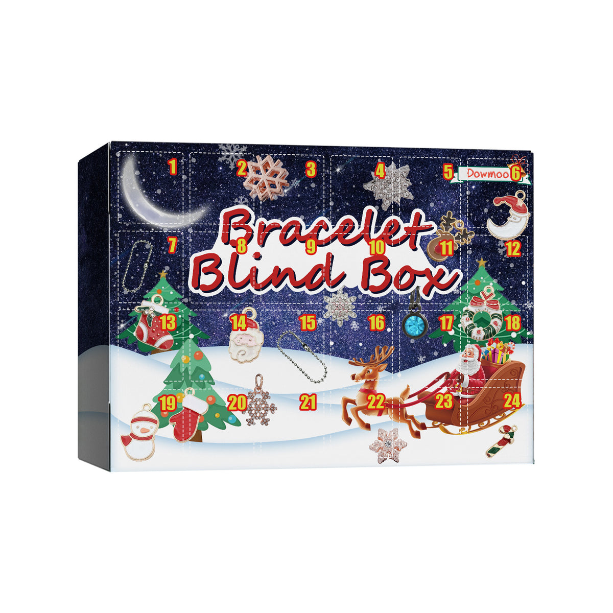 Christmas advent calendar box with 24 numbered doors, featuring holiday charms, trees, and Santa's sleigh.