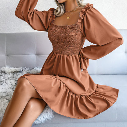 Flared Dress with Square Neckline and Swing Silhouette for Versatile Day Night Wear