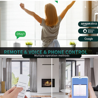 Split image showing voice control with blinds, a hand holding a remote, and a phone app controlling curtains.