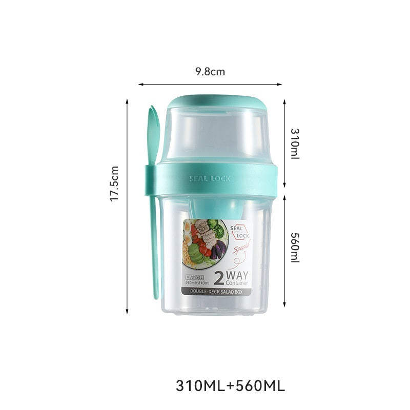 Double-layer mint green and clear salad container with dimensions, attached spoon, and volume labels.