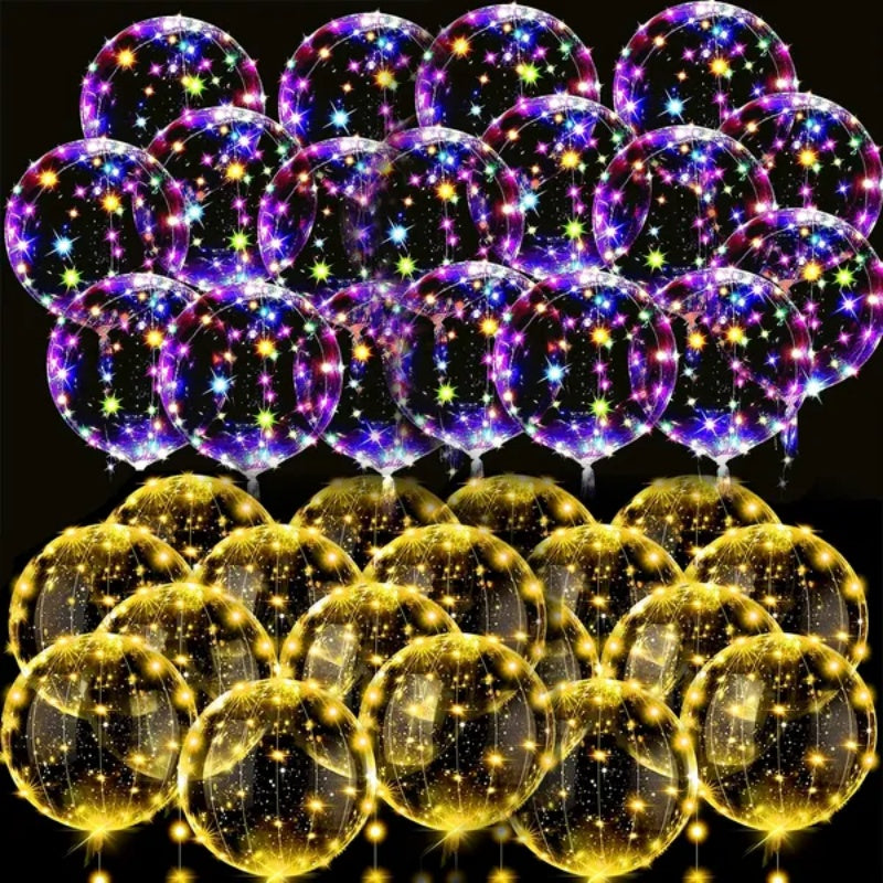Light up LED balloons with string lights arranged in a full grid display