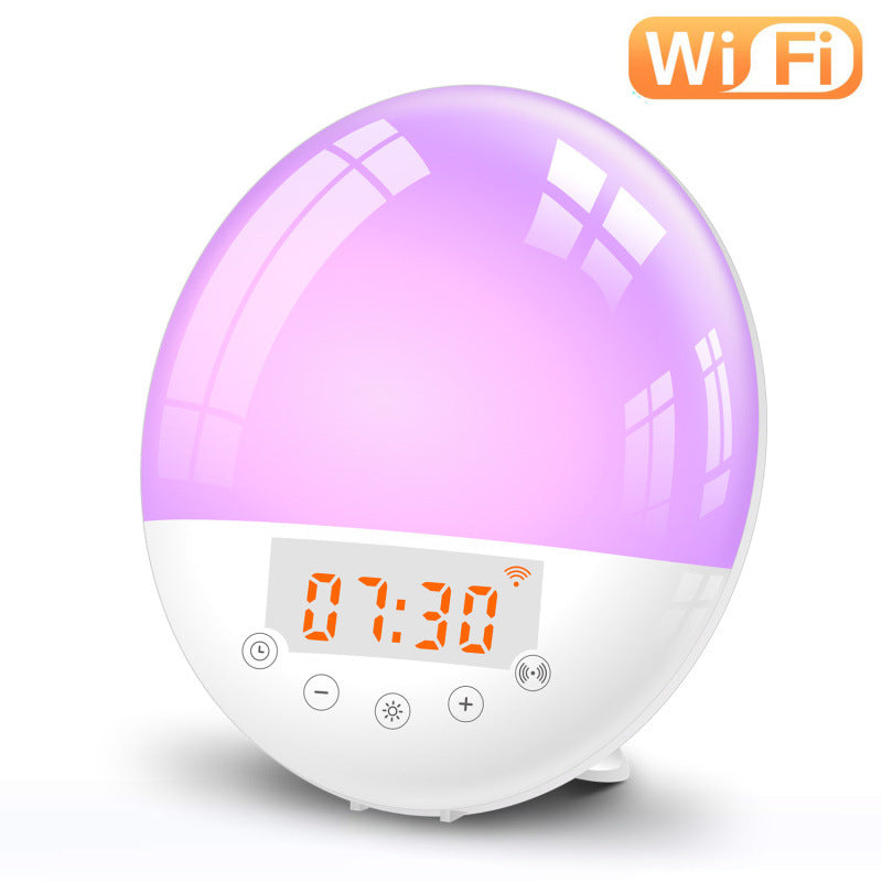 Round white sunrise alarm clock glowing with purple light, displaying 07:30 and touch control buttons.