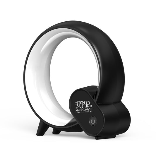 Black C-shaped Bluetooth speaker alarm clock with ambient LED lighting and digital display