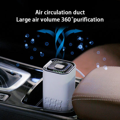 White portable car air purifier in a cup holder with printed overlay showing airflow.