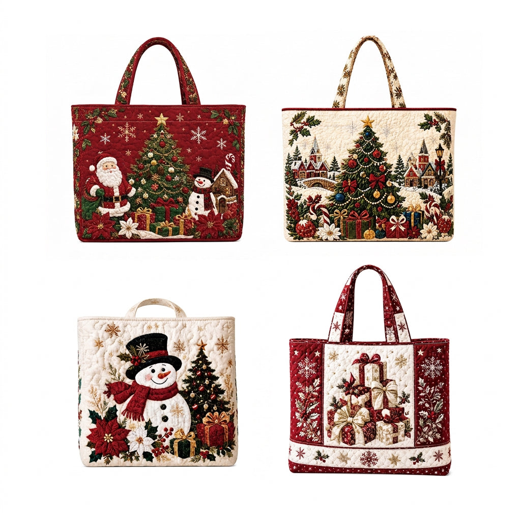 Quilted Christmas tote bags shown in four festive designs