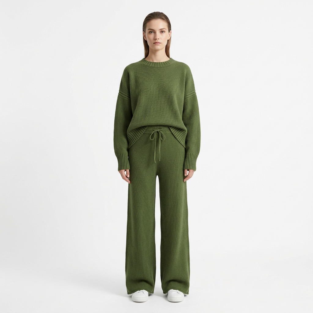 Wide Leg Knit Loungewear Set in green; matching knit sweater and wide-leg pants with drawstring.