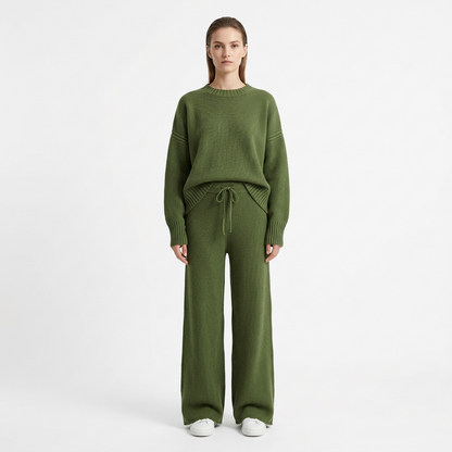 Wide Leg Knit Loungewear Set in green; matching knit sweater and wide-leg pants with drawstring.