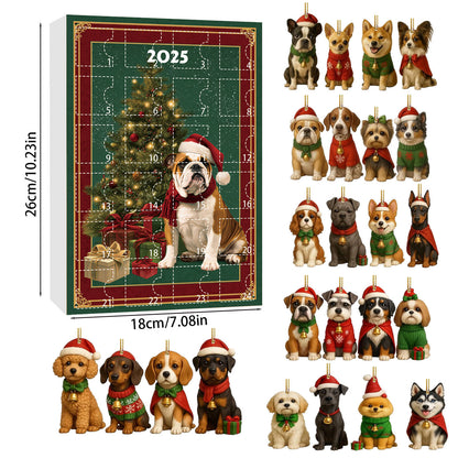 Advent calendar box showing dimensions with 24 assorted dog Christmas tree ornaments