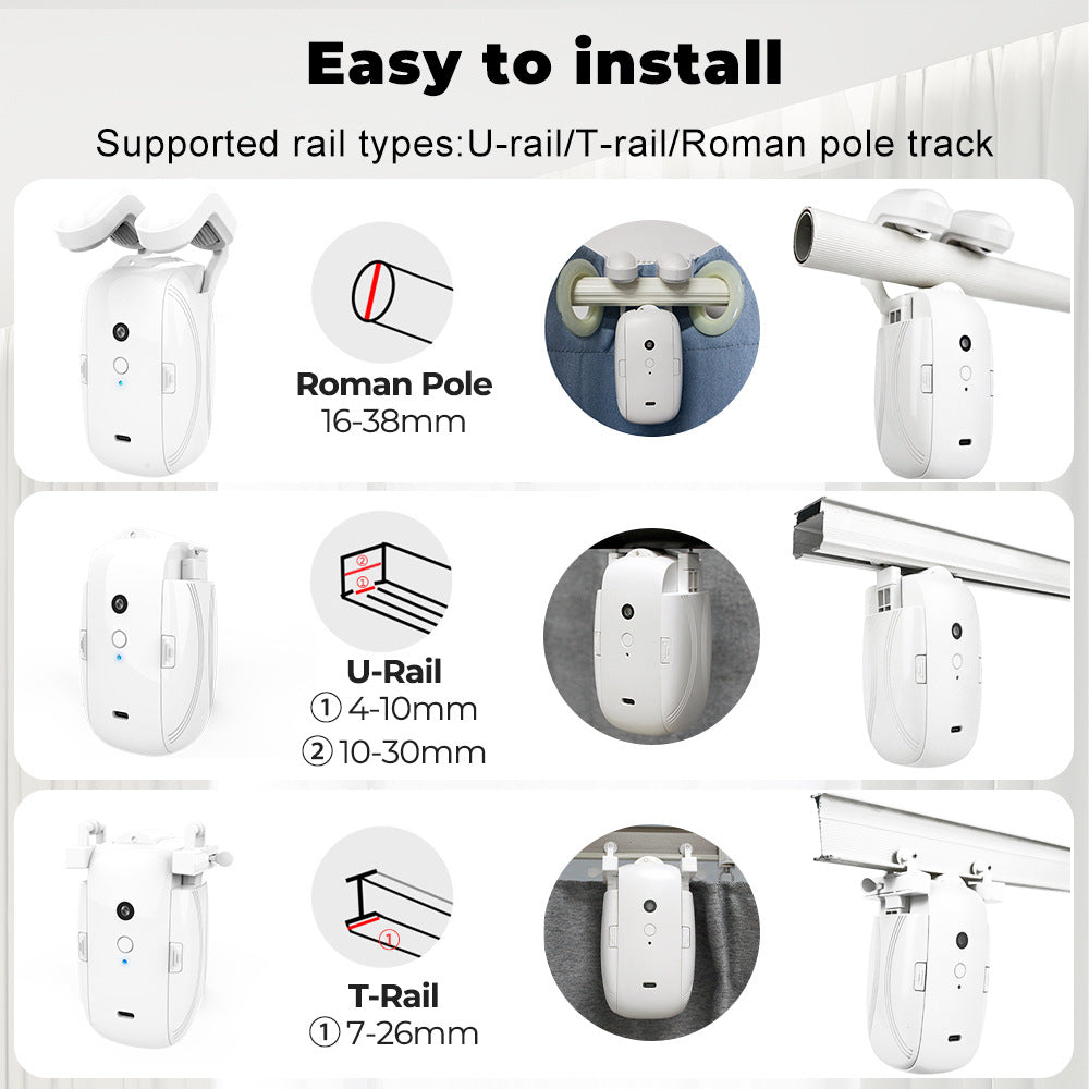 Installation guide showing smart curtain motor compatible with Roman pole, U-rail, and T-rail tracks.