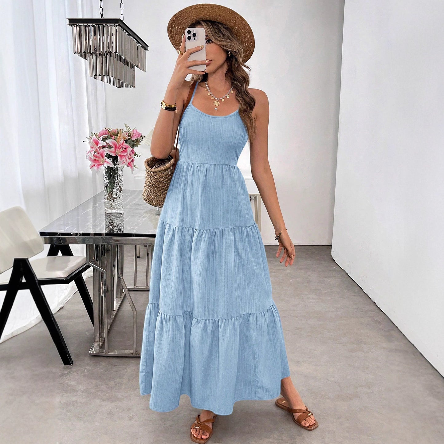 Flowy Dress With Silk Spaghetti Straps And Tiered Bow Waist For Women Ideal Beach Party Outfit